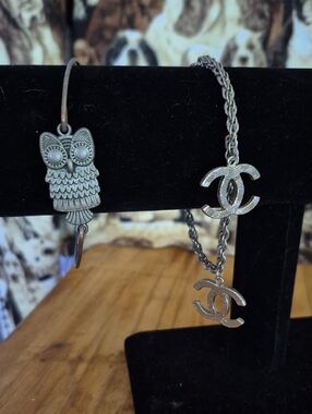 Silver Owl Charm Bangle & Interlocking CC Charm Bracelet Set